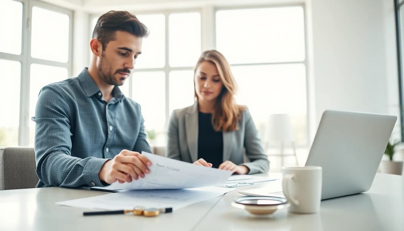 Hausverkauf bei Scheidung: Engagiertes Paar diskutiert Immobilienunterlagen in einem lichtdurchfluteten Büro.
