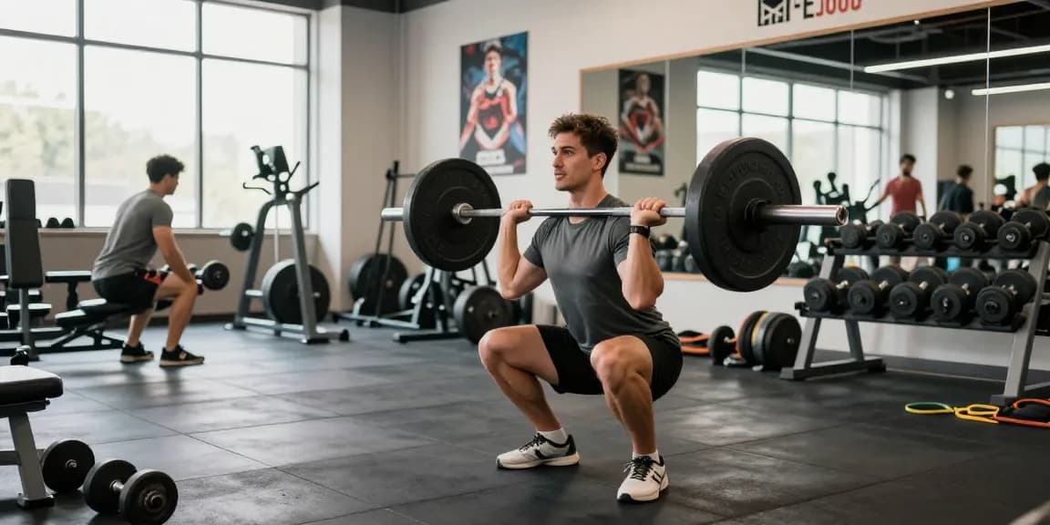 Selliza Shop: Athlet im Fitnessstudio beim Gewichtheben, umgeben von hochwertiger Fitnessausstattung.