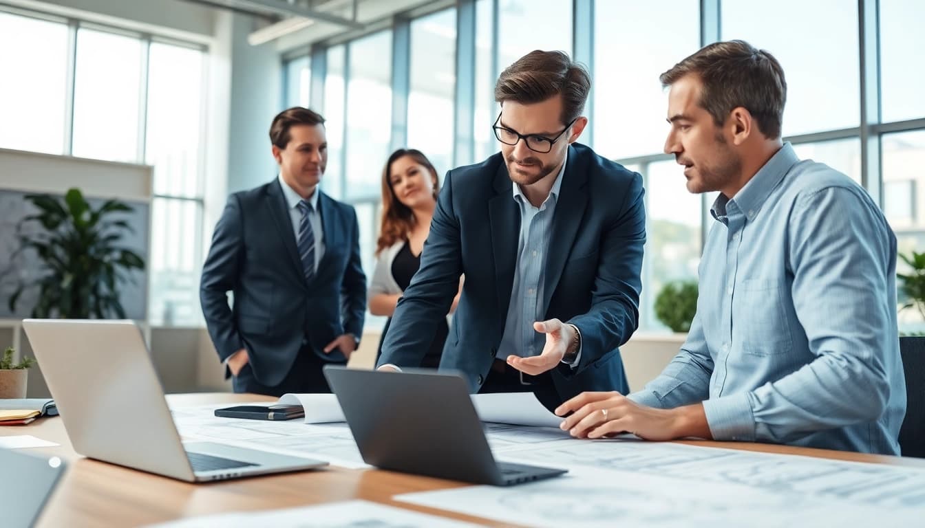 Headhunter Ingenieure präsentieren ihre Expertise in einem modernen Büro während einer Besprechung.