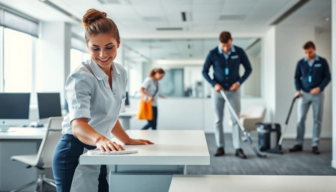 Efficient Gebäudereinigung Ulm während der Arbeit in einem modernen Büro.