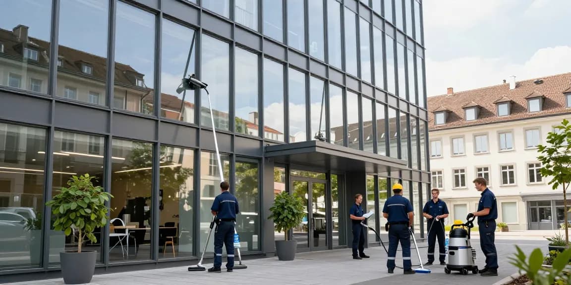 Professionelles Reinigungsteam führt Gebäudereinigung Solothurn an einem Gewerbeobjekt durch und zeigt Effektivität und Teamarbeit.