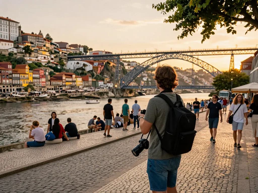 Reisetipps Porto - Reisender genießt den Sonnenuntergang von der Dom Luís I Brücke in Porto und zeigt das pulsierende Stadtleben.