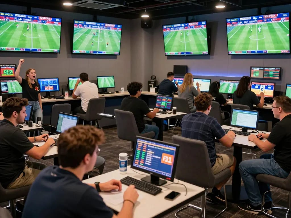 Dynamic sports betting scene showcasing tỷ lệ bóng đá kèo nhà cái with bettors engaged in analyzing odds and placing wagers.