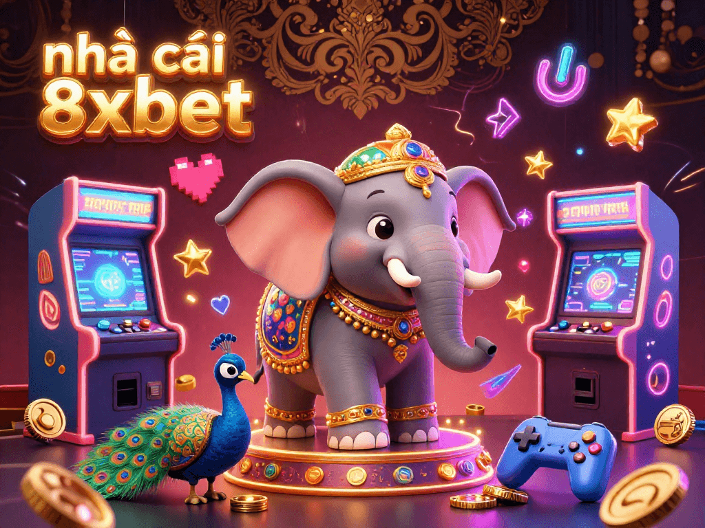Play and win at nhà cái 8xbet with a vibrant 3D casino scene featuring colorful characters and game elements.
