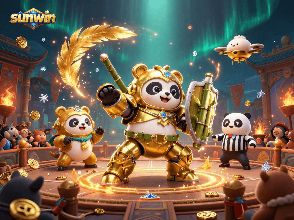 sunwin casino scene featuring a golden panda piloting a fighting robot with engaging visuals.