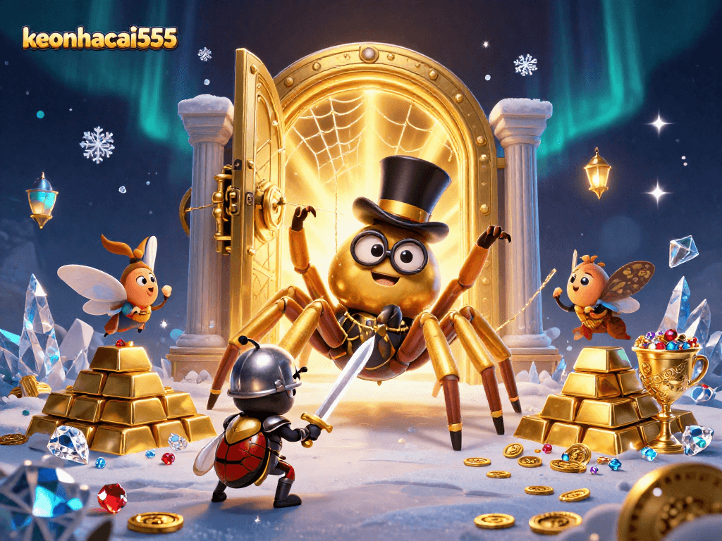 Join the adventure at keonhacai555 with a giant tarantula and beetle knight in a vibrant casino scene.