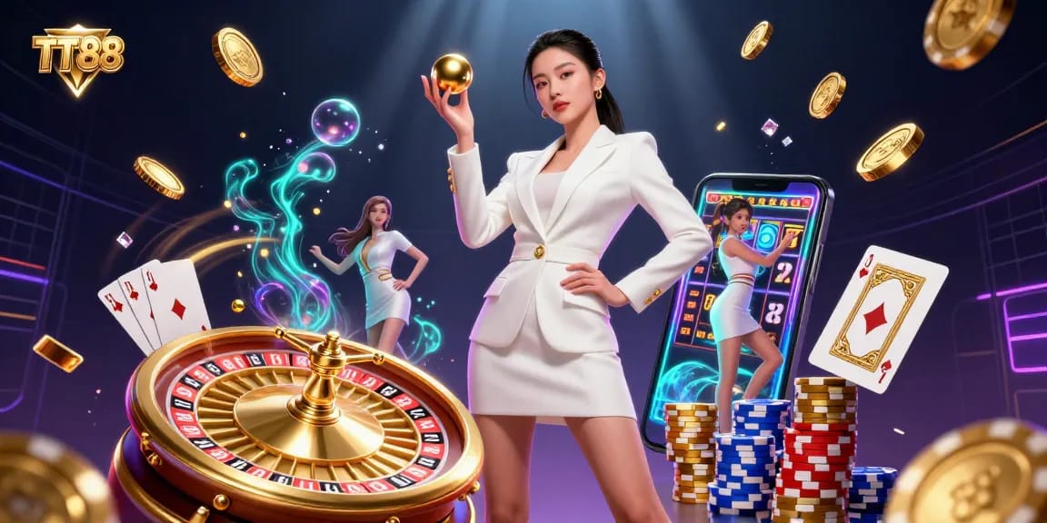 Experience the excitement of TT88 with a glamorous casino scene filled with dynamic gaming elements.