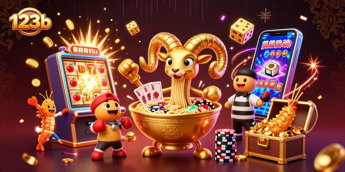 Engaging scene showcasing 123b with a giant ramen bowl dealer distributing cards amidst a jackpot explosion.