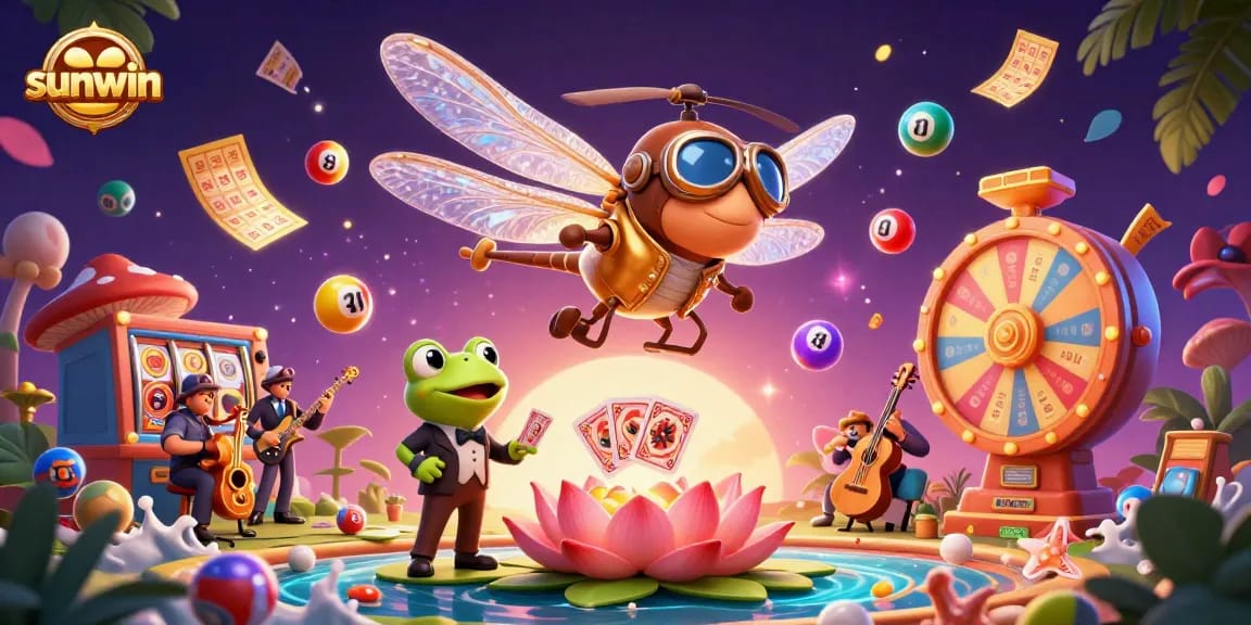 Join the fun at sunwin's lively lily pad casino with dragonfly pilot, frog dealer, and vibrant game elements.