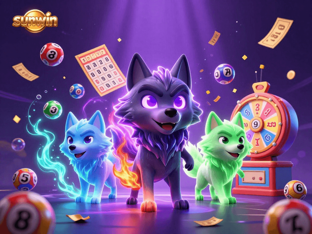 Experience sunwin with an exciting 3D illustration showcasing dynamic lottery elements and ghostly wolves.