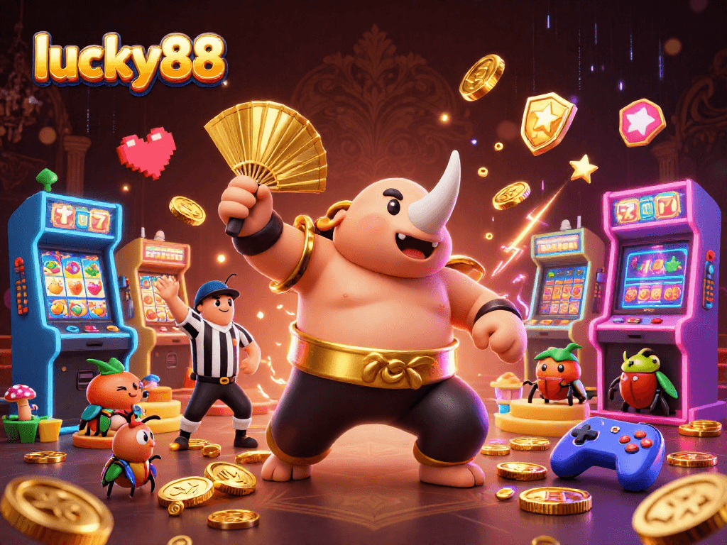 Engage in thrilling gameplay at lucky88 with our vibrant 3D casino scene featuring jackpot reels and colorful characters.