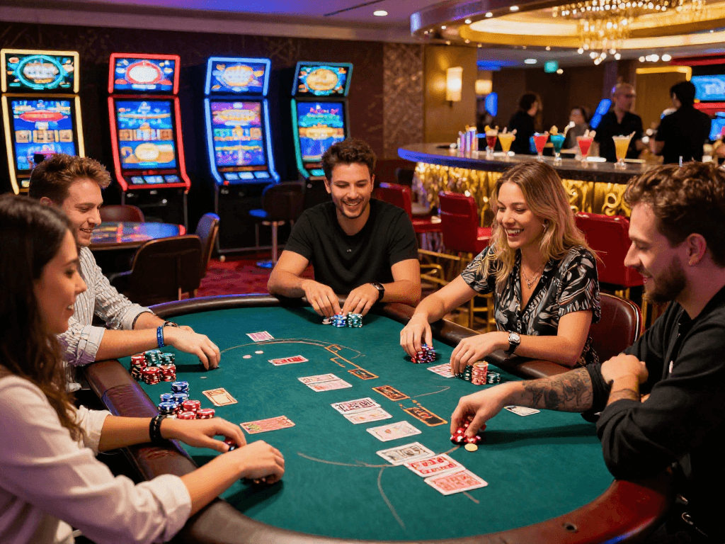 Exciting casino gaming moment with vin888 friends around a poker table