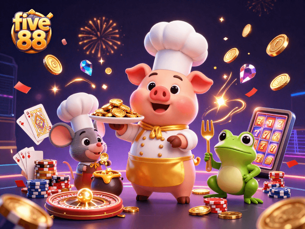 Experience the thrill at five 88 while winning big with a chef serving gold coins and excitement!