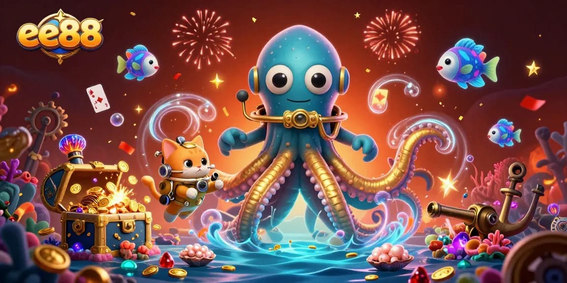 ee88 showcases thrilling underwater adventures with a kraken and diving cat amidst colorful treasures.