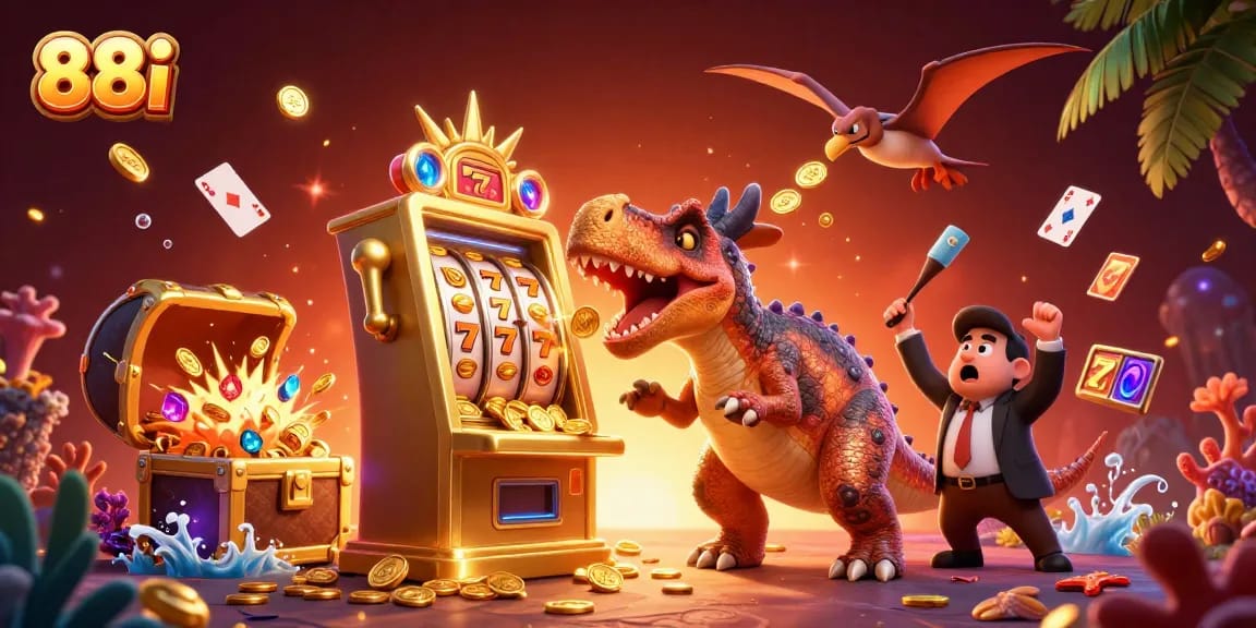 Experience thrilling jackpots at 88i with a cartoon pachycephalosaurus celebrating slot wins among dynamic casino elements.