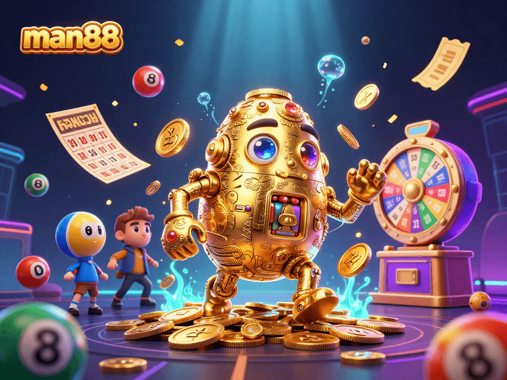 Experience the excitement of man88 with a vibrant 3D casino scene featuring dynamic lottery elements.