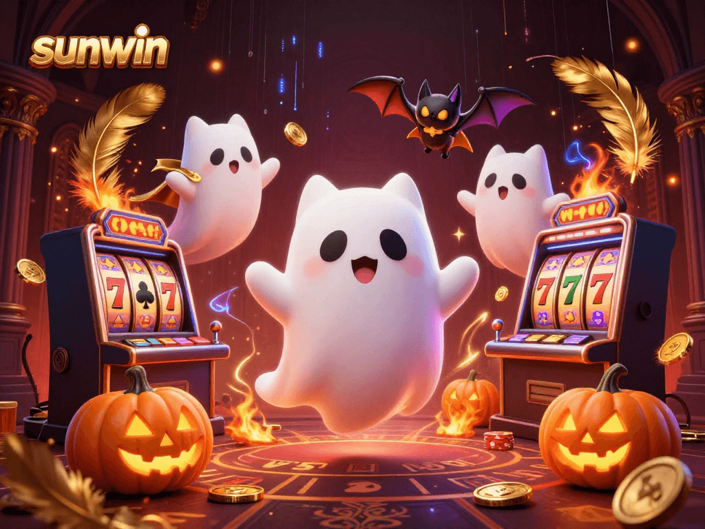 Experience sunwin's haunted casino with a ghost cat, a bat, and glowing jackpot symbols.
