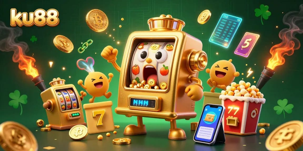 ku88 slot machine hits jackpot as coins pour out, surrounded by cheering baby slots and crypto elements