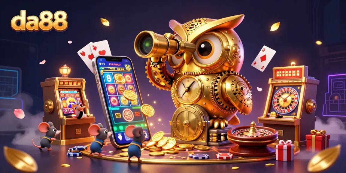 Experience the thrill of da88 with a captivating 3D casino scene featuring an owl and gaming elements.