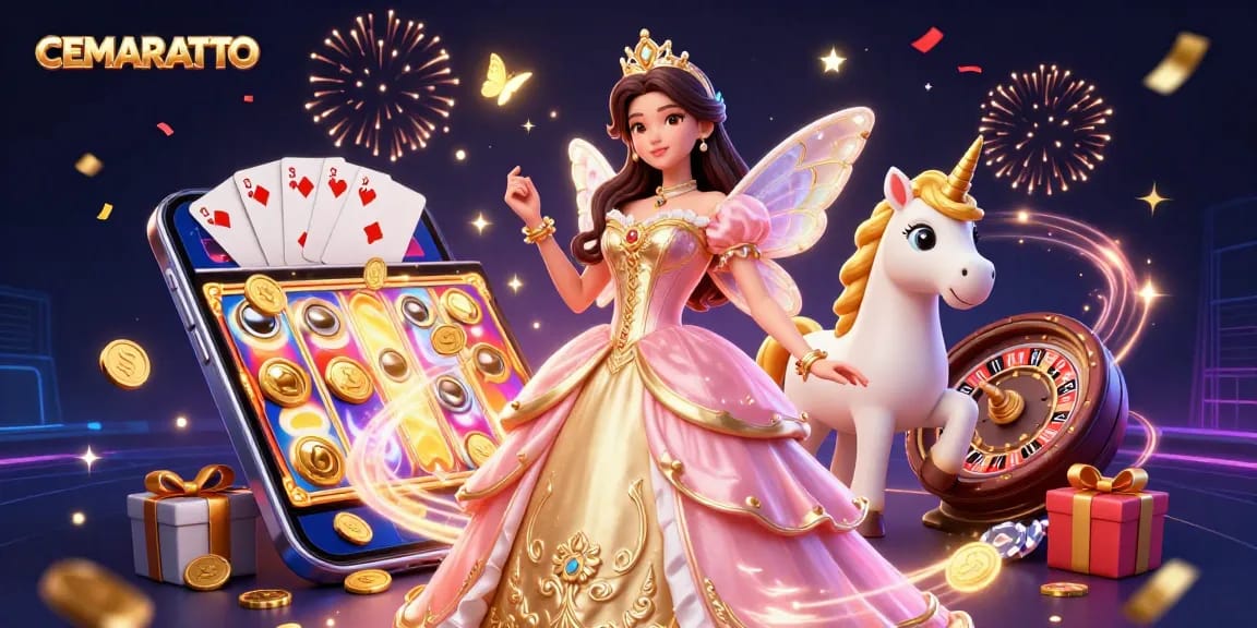 CEMARATOTO showcases an enchanting scene with a glamorous woman and gaming elements, highlighting exciting slot gameplay.