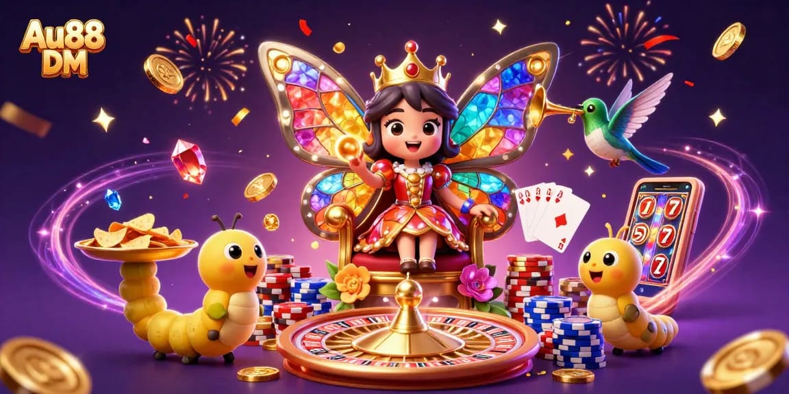 Spin luck at Au88 DM with vibrant 3D casino characters amidst golden treasures and excitement.