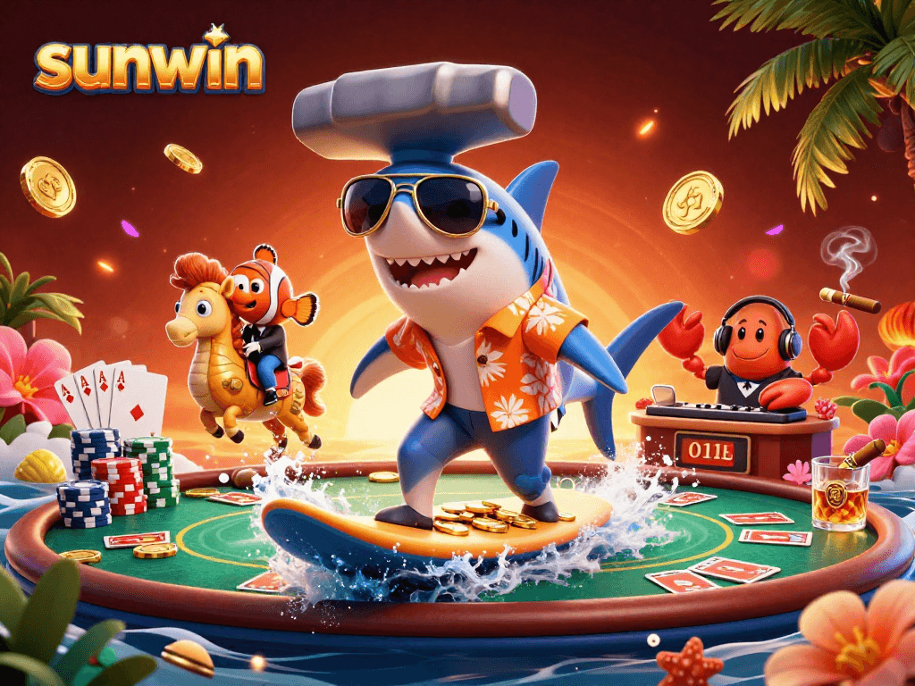 Experience the excitement of sunwin with a shark surfing on gold coins while winning at poker.