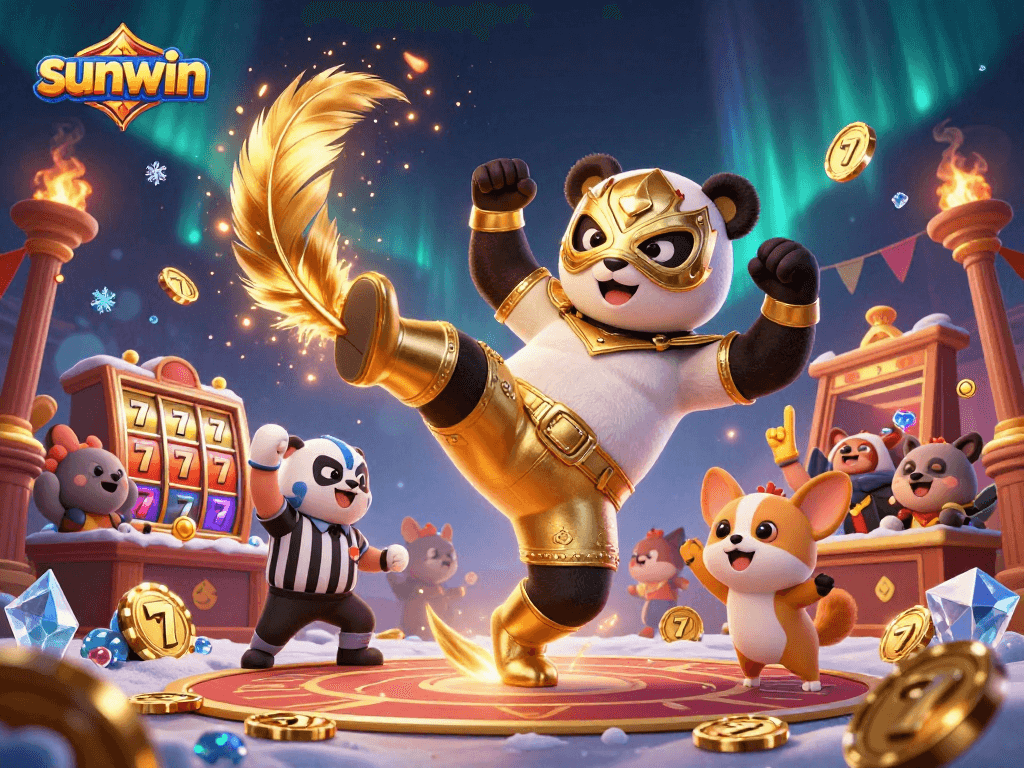 Engaging scene of a panda wrestler and chihuahua referee in a sunwin-themed casino environment.