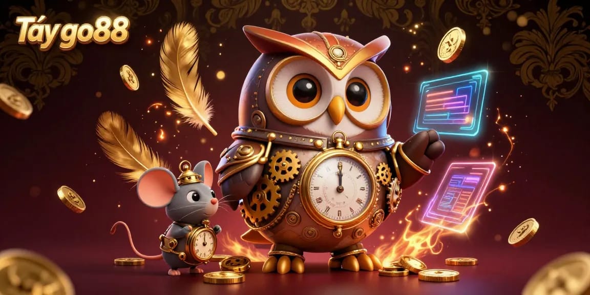 Engage in gaming excitement with Tải go88, featuring a vibrant scene of a steampunk owl in a casino.