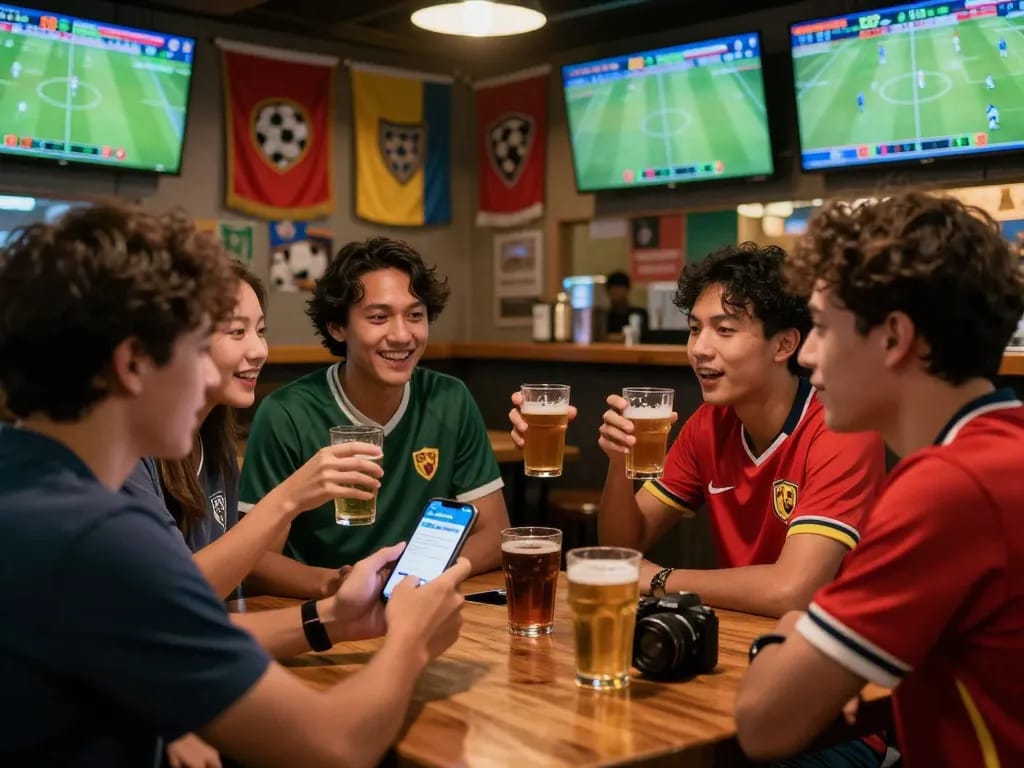Engaged group discussing Judi Bola bets in a vibrant sports bar environment during live matches.