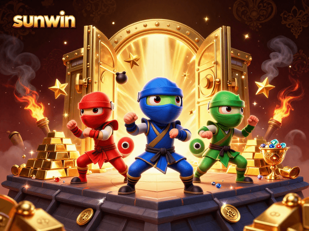 Engage with the sunwin experience as chameleon ninjas battle amidst riches in this vibrant 3D scene.
