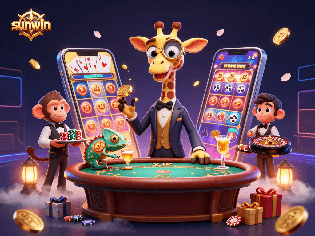Engage with sunwin's vibrant casino experience featuring high-roller characters and dynamic game symbols.