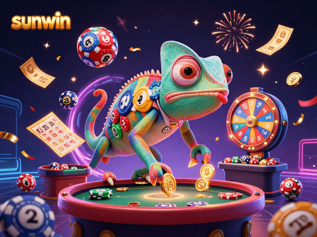 Engage in thrilling gameplay with sunwin's vibrant chameleon casino owner amidst dynamic lottery balls and golden tickets.