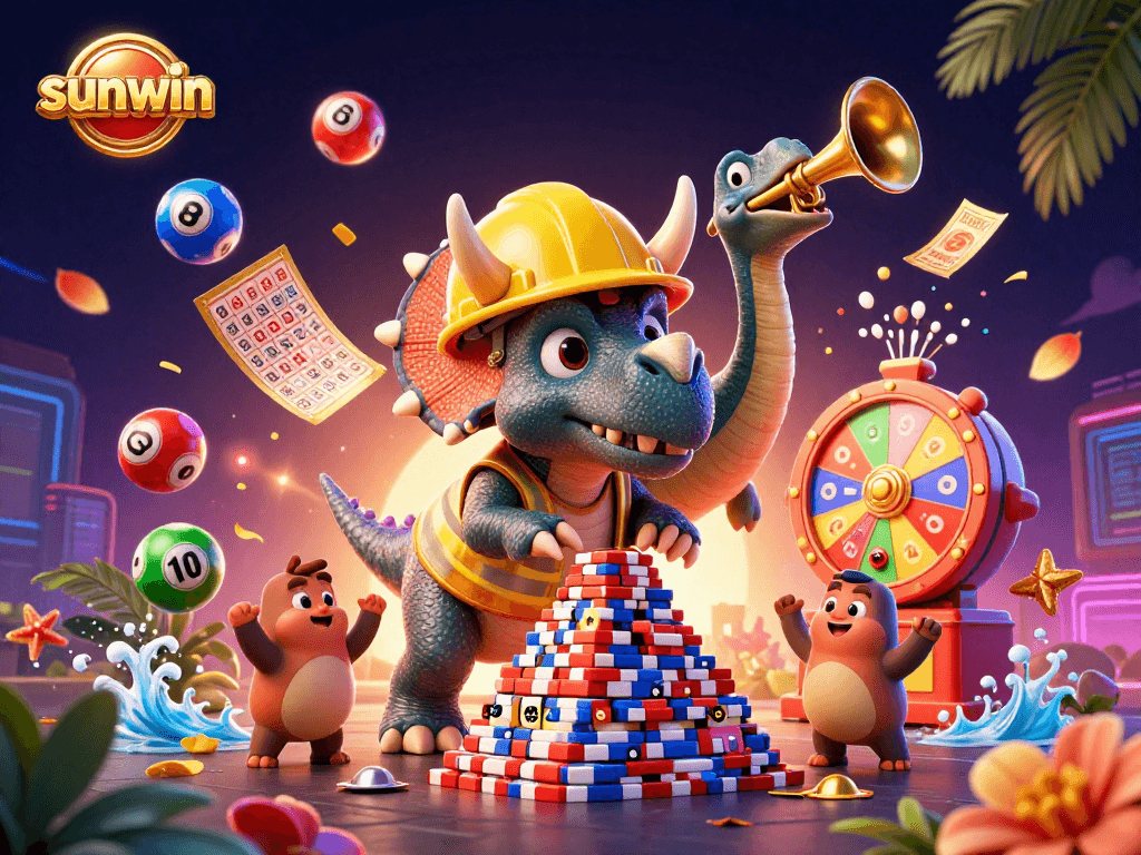 Sunwin lottery excitement with vibrant balls, triceratops stats, and a prize wheel.