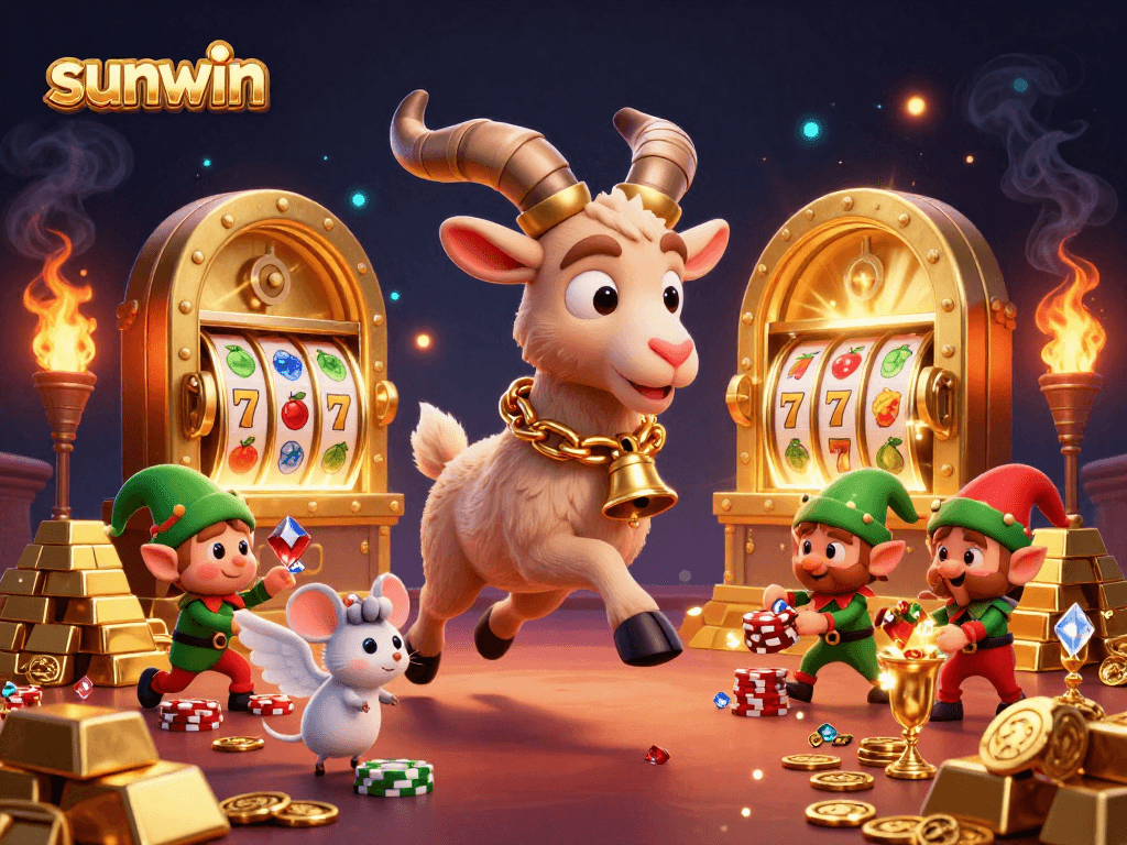 Experience the excitement of sunwin in this festive casino scene with Krampus and playful gremlins.