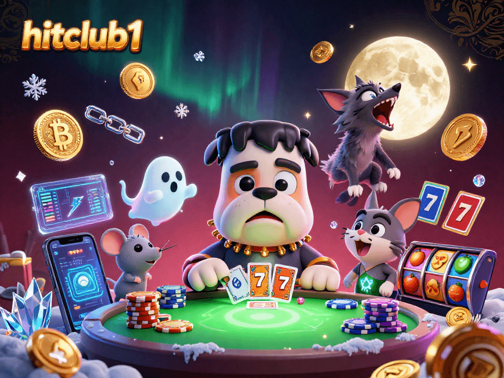 hitclub1 showcases a thrilling casino scene with crypto elements featuring a dog dealer and spooky characters.