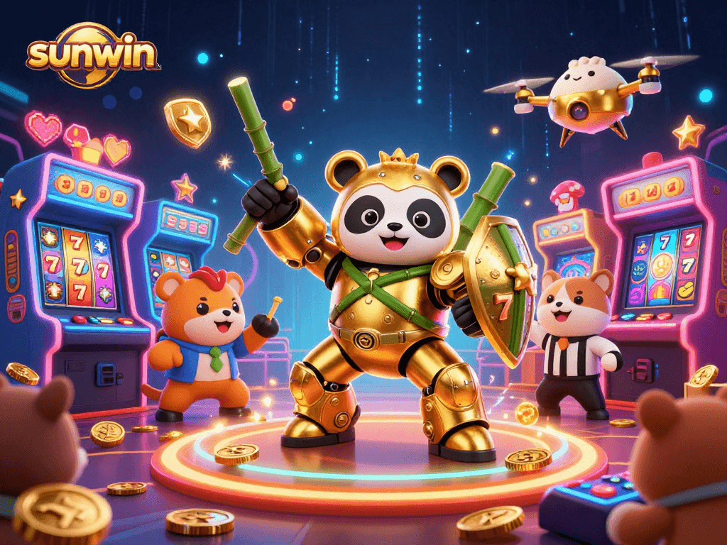 Engage in the exciting sunwin casino scene featuring a golden panda in a mech suit battling in a vibrant arena.
