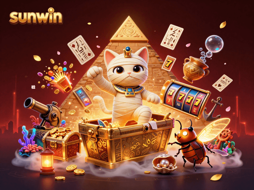 Sunwin casino illustration featuring a mummy cat and scarab amidst slot reels and gold coins.