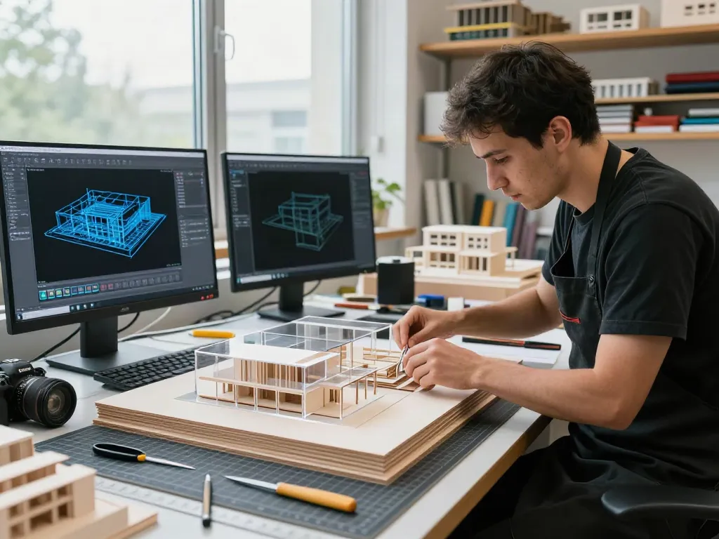 Präzise Herstellung von Premium Modellen in einem modernen Architekturstudio mit Naturlicht
