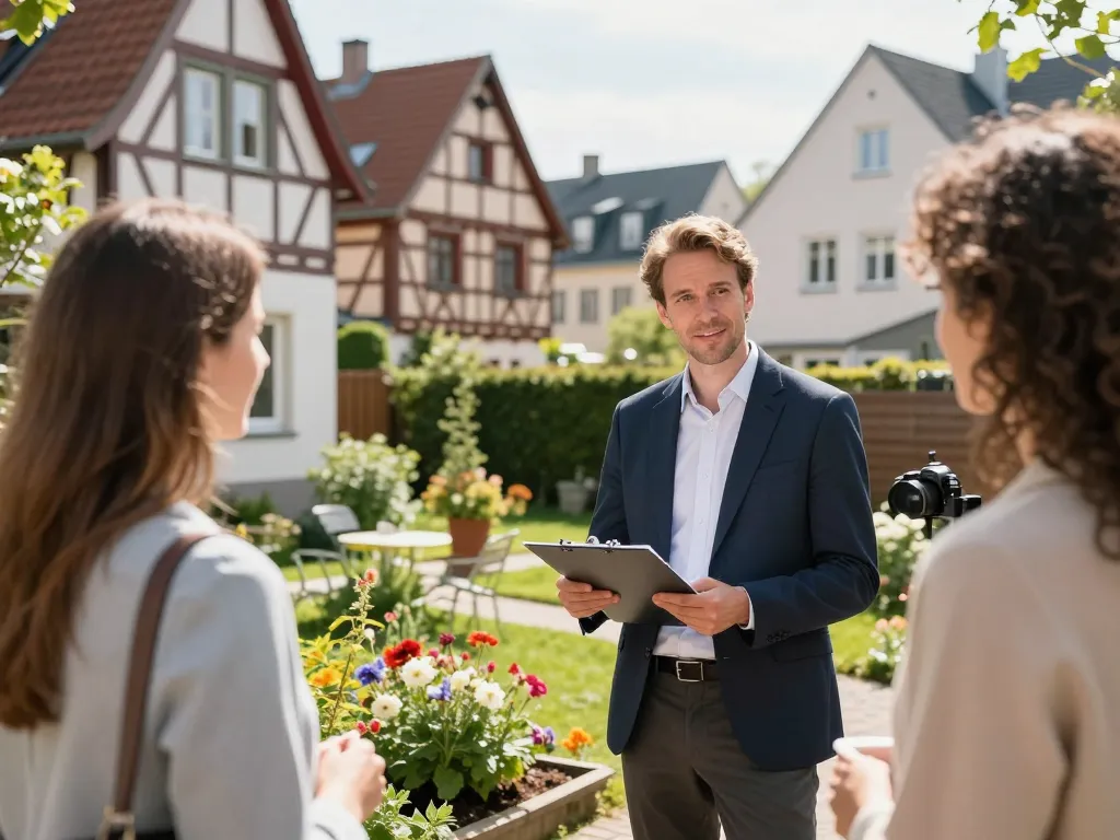 Immobilienmakler Frankfurt Eschersheim diskutiert Immobilienmerkmale in einem charmanten Nachbarschaftssetting mit Kunden zwischen schöner Landschaftsgestaltung.