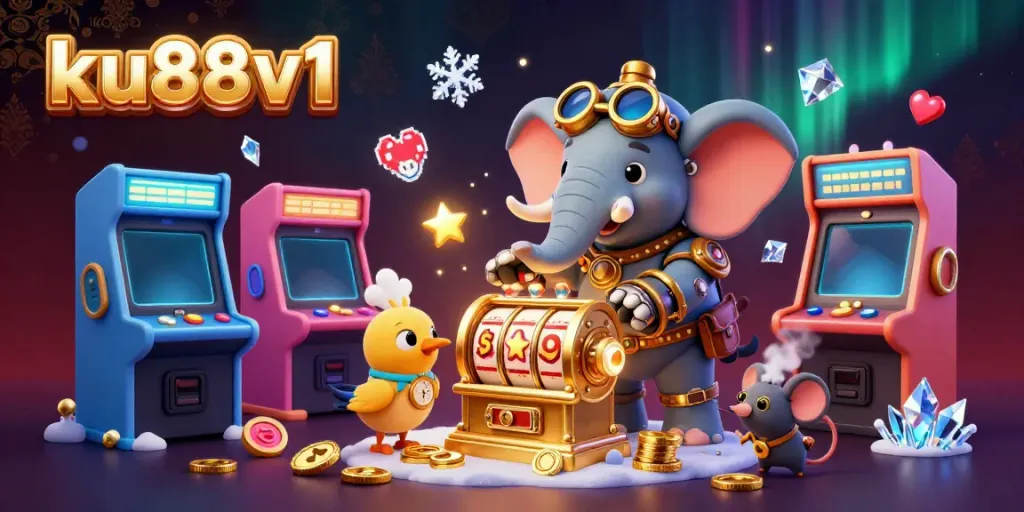 Spin the golden slot machine at ku88v1, featuring vibrant game elements and a steampunk theme.