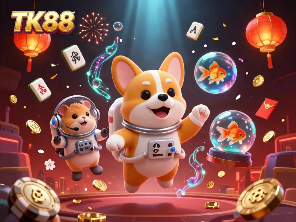 Experience the exciting world of TK88 with this vibrant scene showcasing gambling elements in a dynamic casino atmosphere.