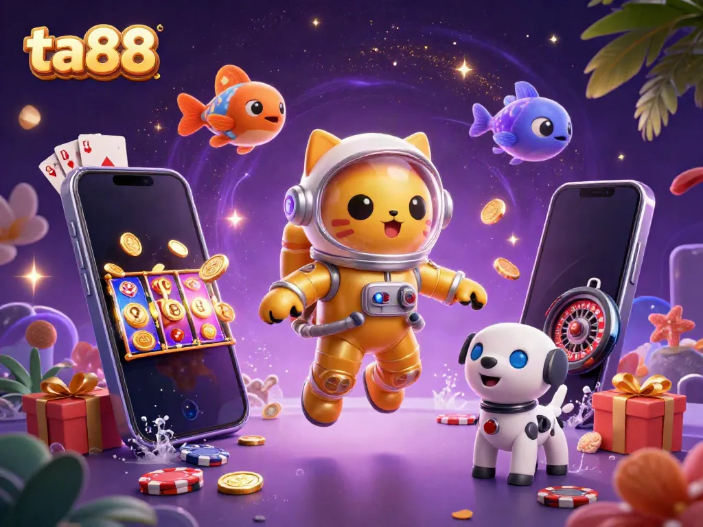 Engaging ta88 casino scene with a 3D astronaut cat and robot dog, surrounded by vibrant casino elements.
