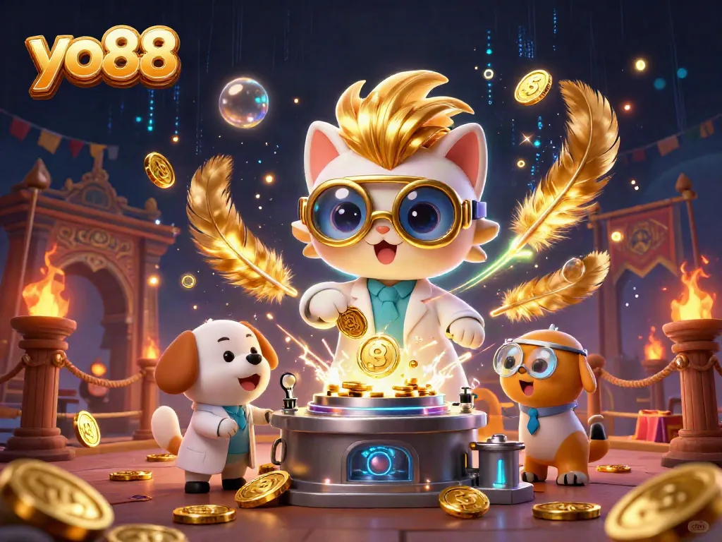 Experience exciting moments of gambling at yo88 with a playful scene featuring a mad scientist cat and loyal dog, amidst casino-themed elements.