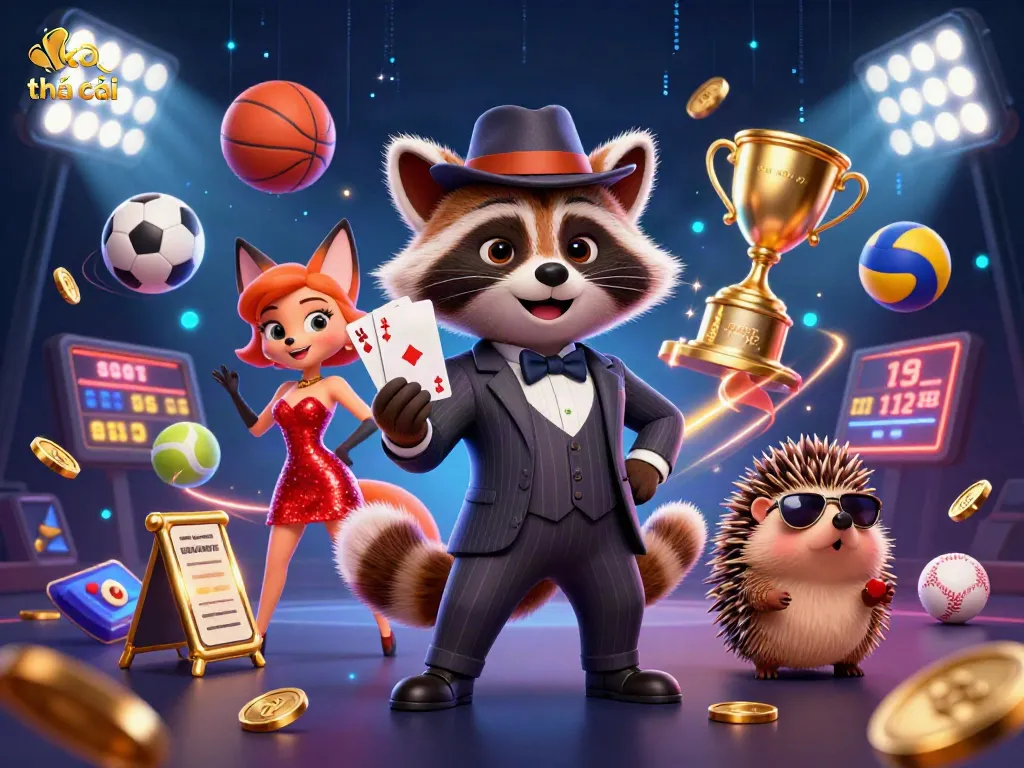 Engaging scene featuring kèo nhà cái with a suave raccoon and fox lady surrounded by sports elements and excitement.