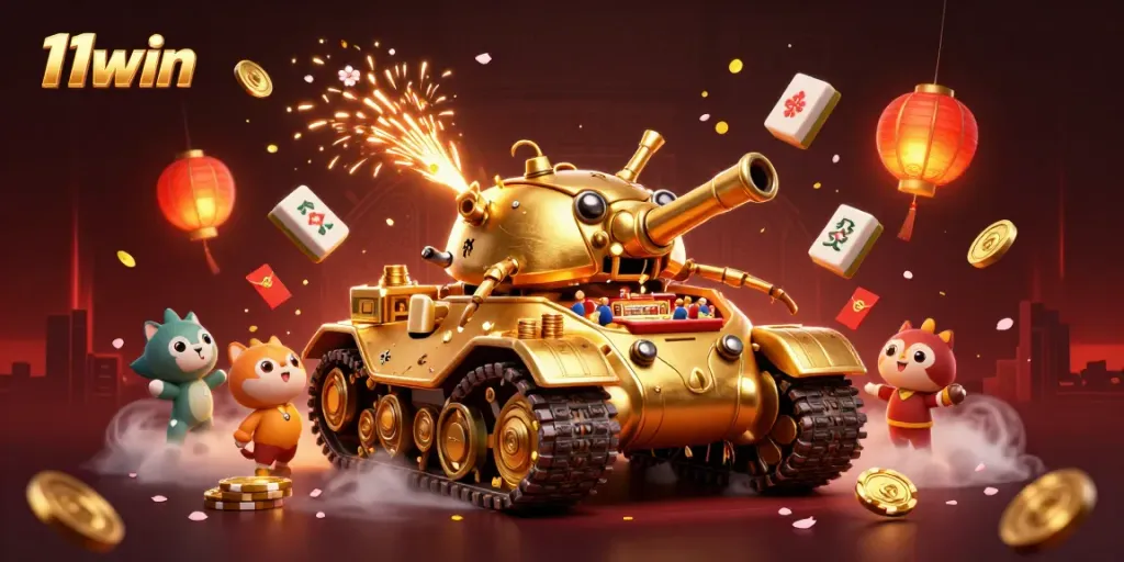 Experience the excitement with 11win at a vibrant casino-themed illustration featuring dynamic games and golden coins.