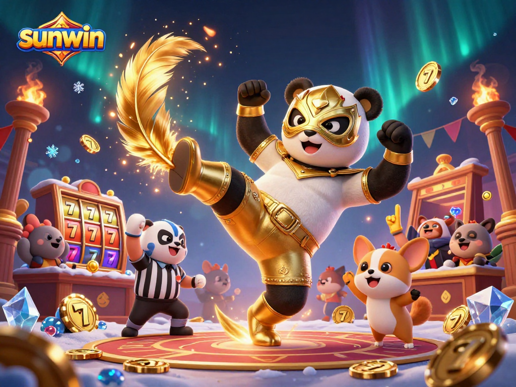 Engaging scene of a panda wrestler and chihuahua referee in a sunwin-themed casino environment.