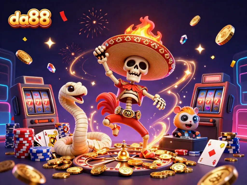 Experience the excitement of da88 with a vibrant 3D illustration showcasing a thrilling casino atmosphere and dynamic characters.