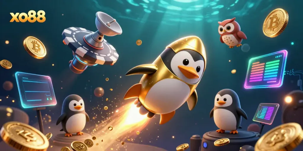 Engage in thrilling action with xo88 as the golden penguin navigates through a vibrant casino cosmos.