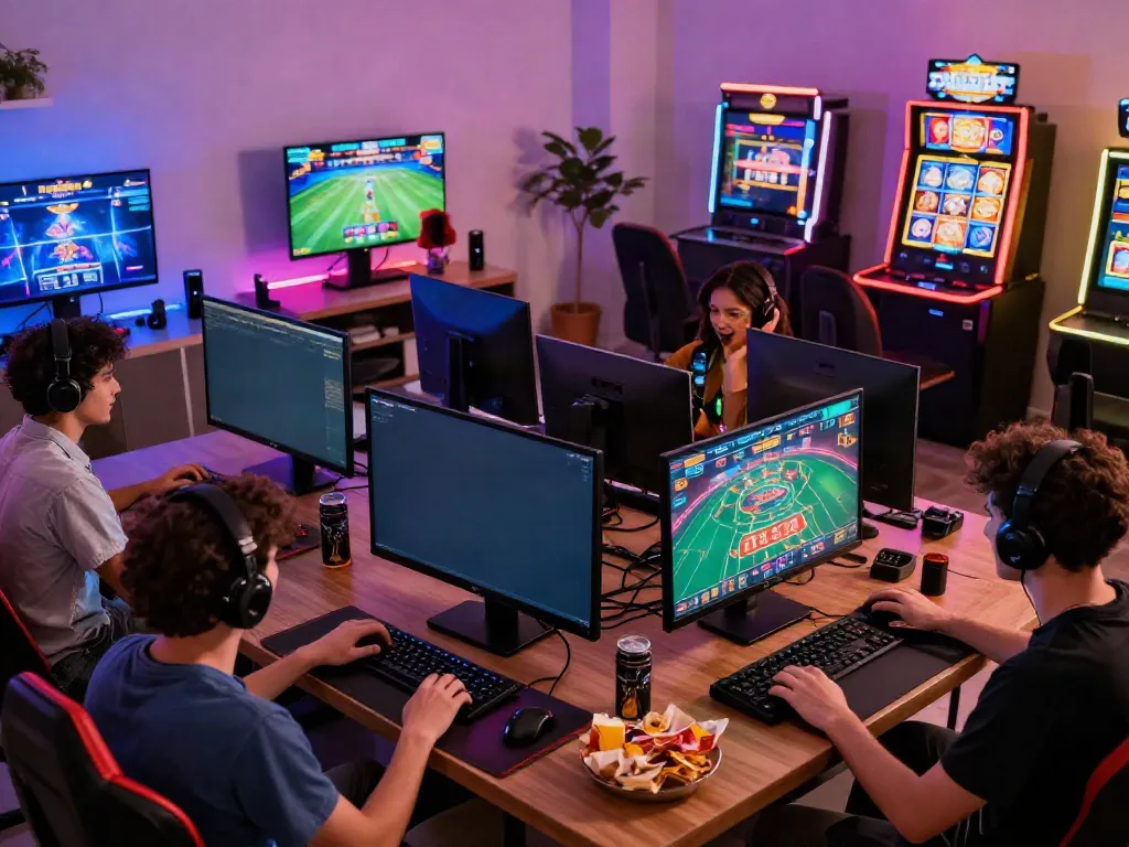 Players enjoying varied gaming experiences on https://sky88tg.com/ in a cozy, vibrant setting.