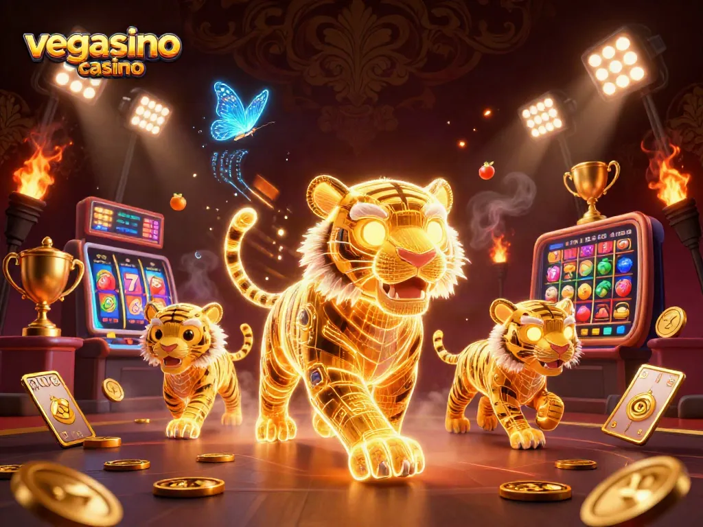Experience exciting gameplay at vegasino casino with a neon-wireframe tiger amidst vibrant slot games.
